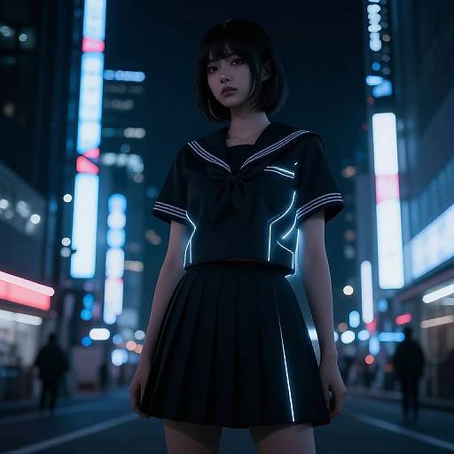 CGI anime-style photograph of a young Asian woman with short black hair, wearing a glowing black sailor school uniform, standing in a neon-lit,