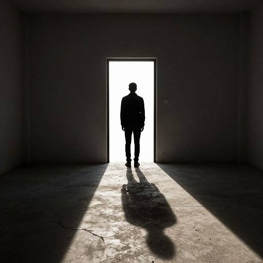 Silhouetted figure standing in doorway, casting long shadow on concrete floor, backlit by bright white light, in darkened room.