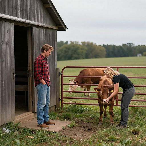 Man and Woman at Barn with Calves