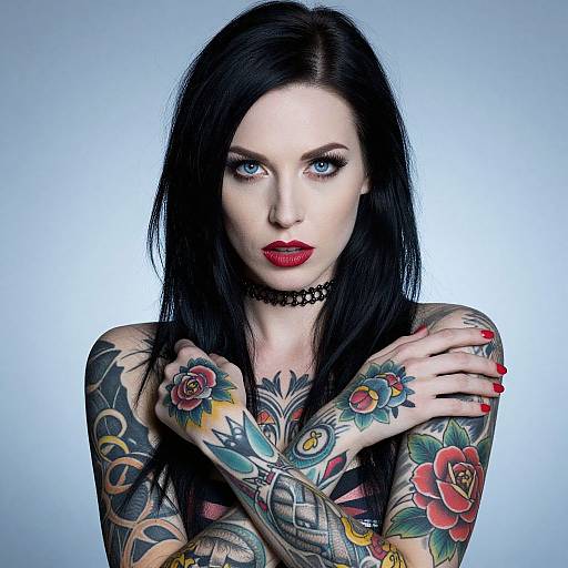 Photograph of a pale-skinned woman with black hair, blue eyes, red lipstick, black choker, and colorful tattoos on arms and chest.