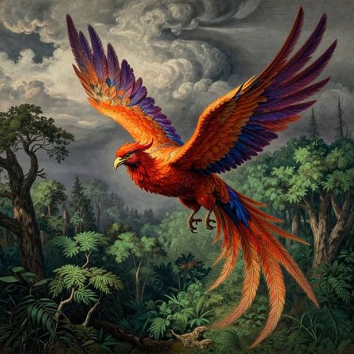 Digital artwork of a vibrant, rainbow-feathered phoenix with outstretched wings soaring above a dense, dark forest under a stormy, cloud-filled