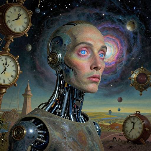Digital art of a robotic woman with glowing blue eyes, intricate mechanical neck and chest, surrounded by clocks and a cosmic sky.