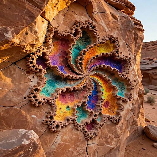 Photograph of a vividly colored, spiral-patterned rock formation with swirling hues of orange, blue, purple, and green, set against a sun