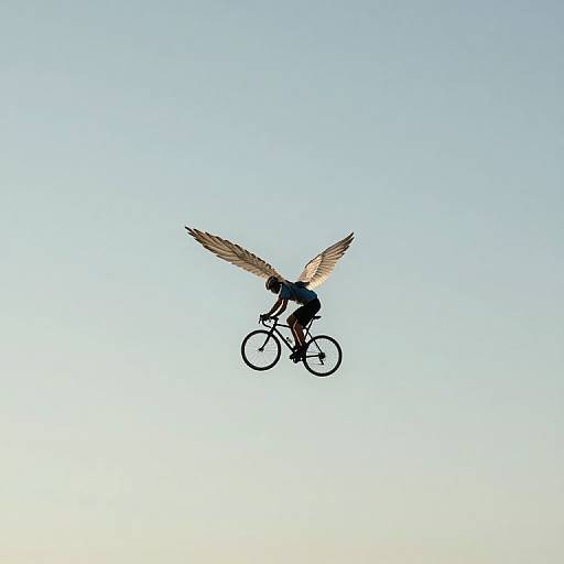 Photograph of a cyclist with angel wings, mid-air jump, against a clear blue sky, wearing black clothing and riding a black bicycle.
