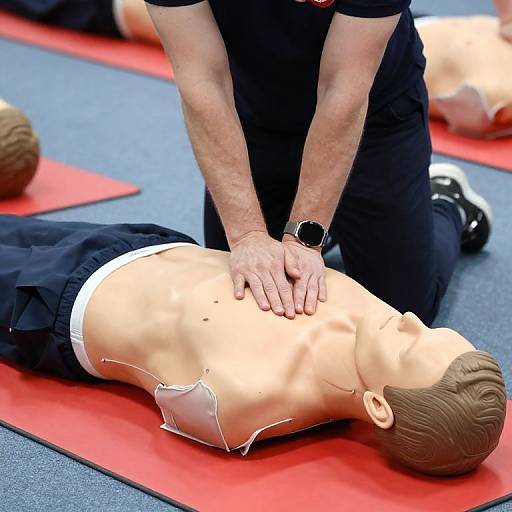 Photograph of a male massage therapist, wearing a black shirt and watch, massaging a life-sized, nude, male mannequin torso on a