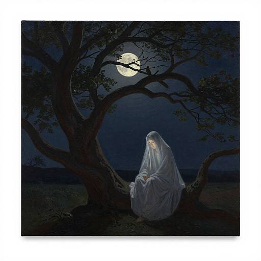 Mysterious ghost in white robe, with glowing eyes, sits under a dark, moonlit tree, surrounded by shadowy branches and night sky.
