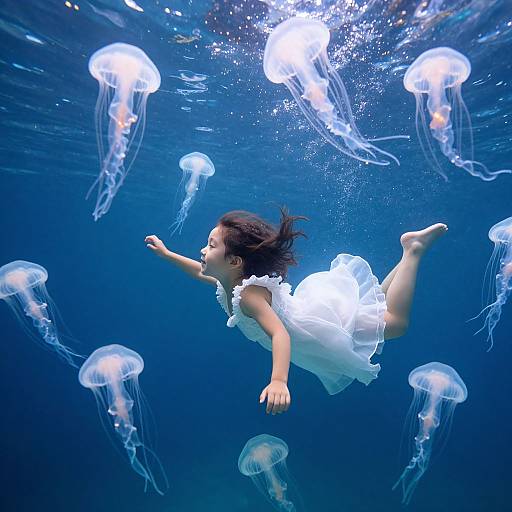 Photograph of a young girl in a white dress, floating underwater surrounded by glowing jellyfish, with blue water background.