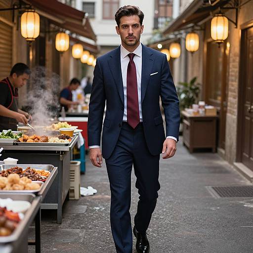 Photograph of a handsome, dark-haired man in a black suit, white shirt, and maroon tie walking through a narrow, illuminated street food alley