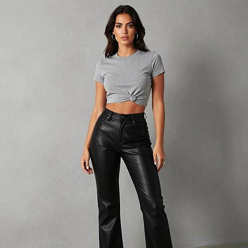 Photograph of a confident woman with long dark hair, wearing a tied gray crop top and black leather pants, standing against a plain gray background.