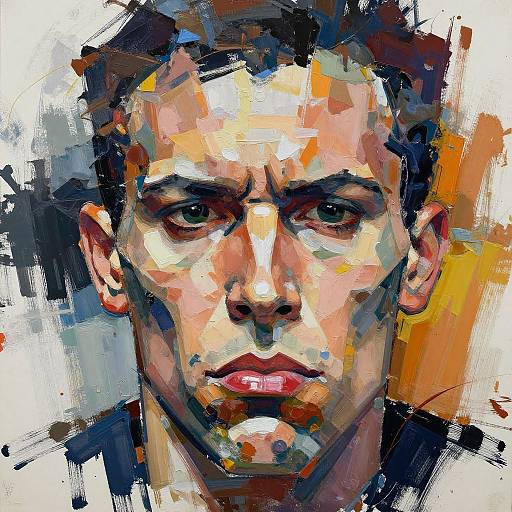 Abstract, expressionist portrait of a serious man with intense eyes, bold colors, and thick brushstrokes, featuring prominent red lips and a mix of