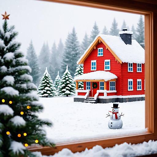 Winter View of Snowy Red House and Snowman
