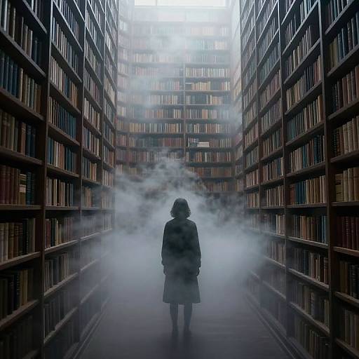 Digital artwork of a lone figure in a dark coat standing in a foggy, towering library aisle with bookshelves on both sides.