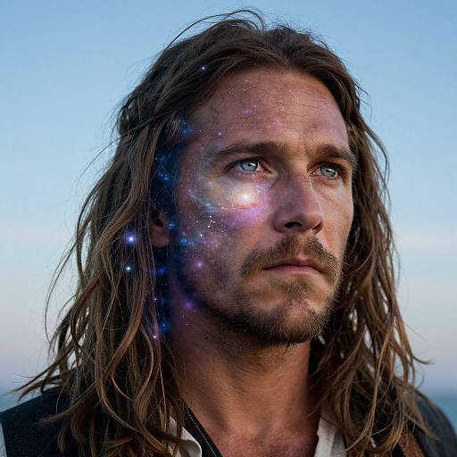Photograph of a rugged, long-haired man with blue eyes and a beard, adorned with glowing star-like sparkles on his face, against a blue