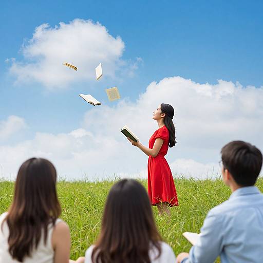 Photograph of an Asian woman in a red dress, standing on a grassy hill, magically making books float in a blue sky with white clouds,