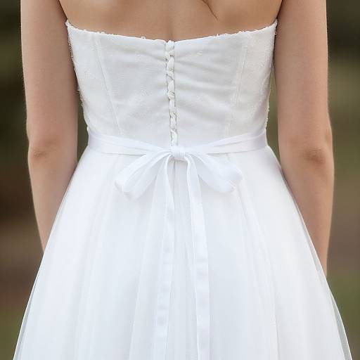 Photograph of a woman's back in a strapless, white, satin wedding dress with a buttoned center and A-line skirt.