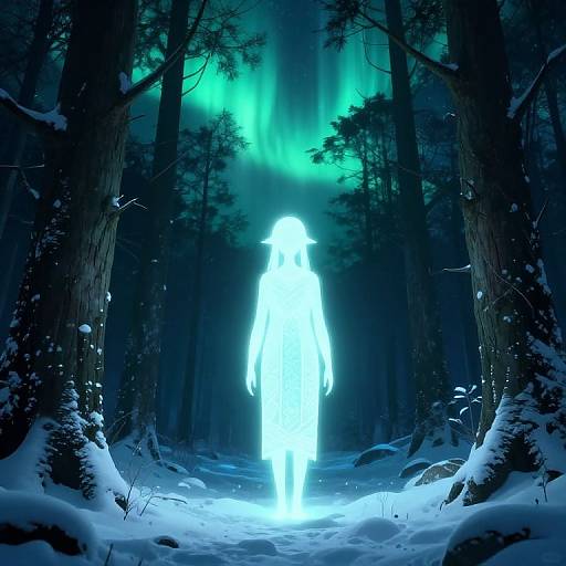 Photorealistic CGI: Glowing white humanoid figure stands in snowy forest under green Northern Lights, surrounded by dark, towering trees.