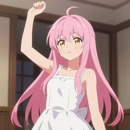 Anime-style digital drawing of a cute, pink-haired girl with golden eyes, wearing a white dress, raising her right arm in a dimly lit room
