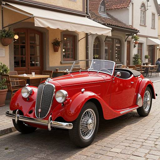 Photograph of a vibrant red vintage convertible car with chrome details, parked on a cobblestone street in front of a quaint European café with white aw
