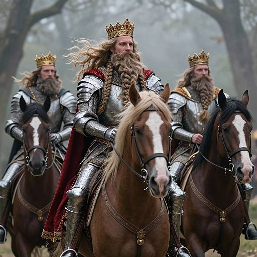 Photograph of three medieval kings with long beards, golden crowns, and silver armor, riding dark brown horses through a misty forest.