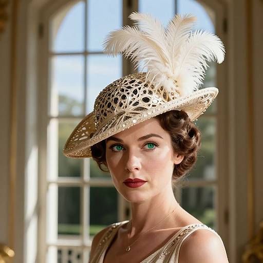 Photograph of a fair-skinned woman with green eyes, wearing a vintage, cream-colored hat with white feathers, and a lace sleeveless dress,