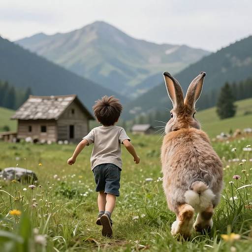 Boy and Giant Rabbit Running in Mountain Meadow