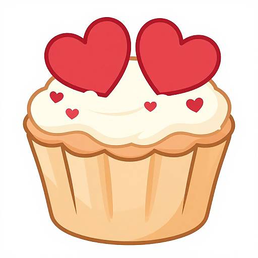 Digital illustration of a beige cupcake with fluffy white frosting, topped with two large red hearts and three small red hearts.