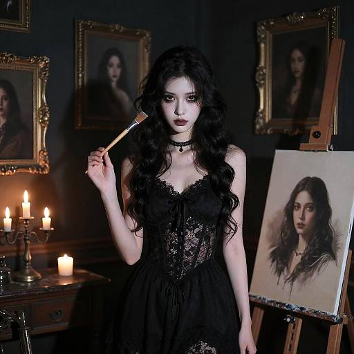 Gothic woman with long black hair, wearing lace black dress, painting portraits in dimly lit room with candles and framed portraits.