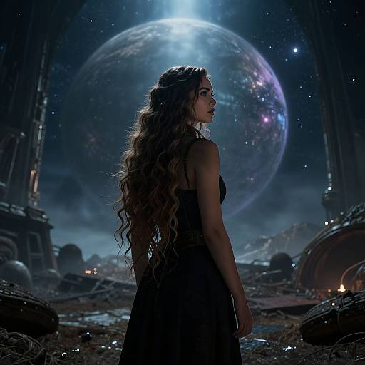 Digital art: Long-haired woman in black dress stands in dark, starry sci-fi landscape with large, glowing planet in background.