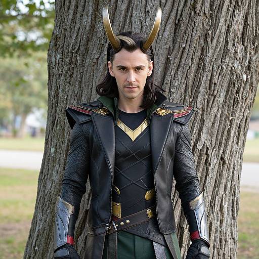 Photograph of a man with long black hair, golden horned headpiece, black armored vest, and gloves, leaning against a tree in a forest