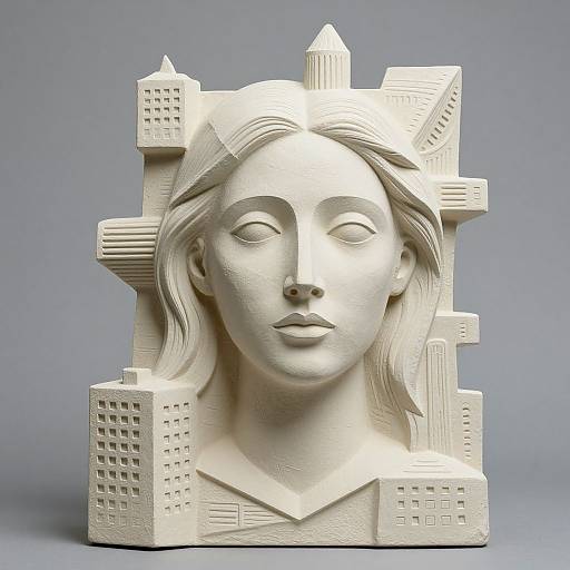 Photograph of a white, abstract sculpture featuring a serene, expressionless face with flowing hair, surrounded by intricately detailed, geometric cityscape buildings.