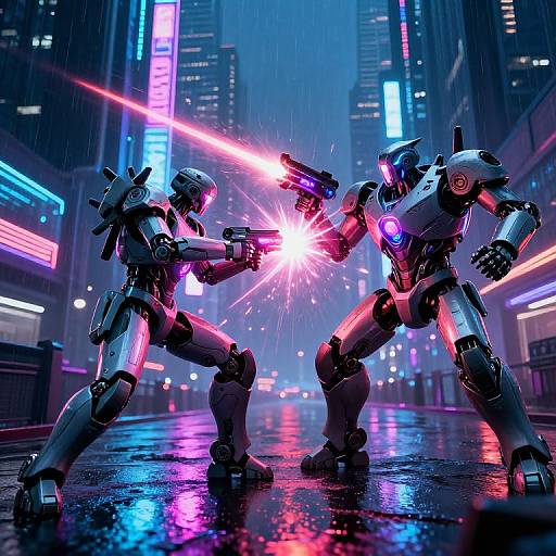 Cyberpunk city scene: Two glowing neon-lit robots duel with laser guns, sparks flying in the rain-soaked, neon-lit streets.