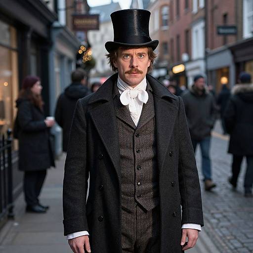 Photograph of a mustached man in Victorian attire, black top hat, white bow tie, dark coat, standing on a cobblestone street in