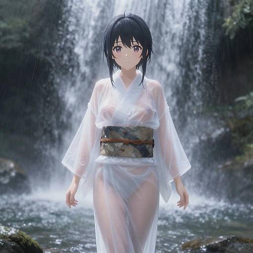Ecchi Shrine Maiden Beneath Waterfall Glow