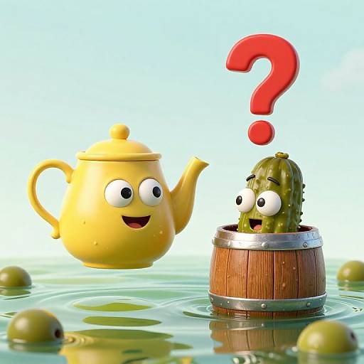 CGI illustration of a smiling yellow teapot with big eyes and a surprised green cactus in a wooden bucket, both floating on water with red question