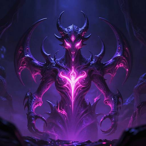 Digital fantasy artwork of a dark, menacing demon with glowing purple and pink accents, jagged horns, and intricate, fiery patterns on its chest. Dark