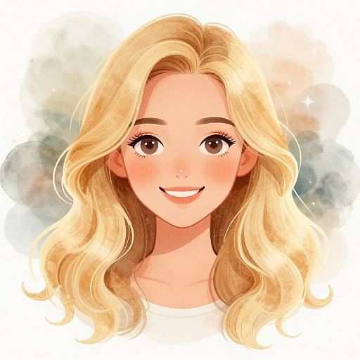 Digital illustration of a smiling blonde woman with wavy hair, large brown eyes, and rosy cheeks, set against a watercolor background.