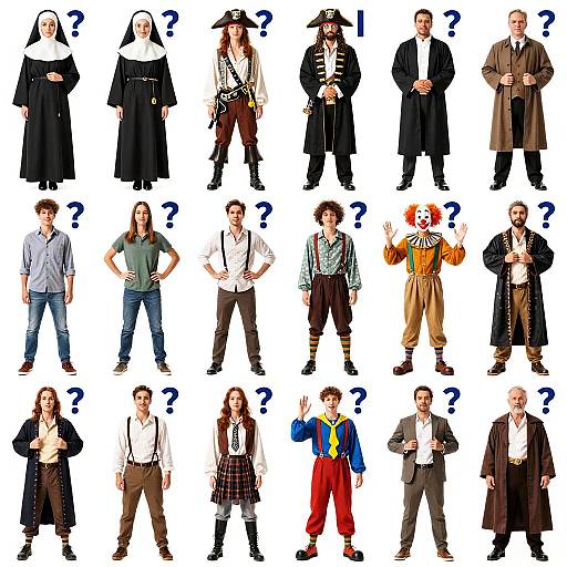 Collage of People in Diverse Costumes with Question Marks