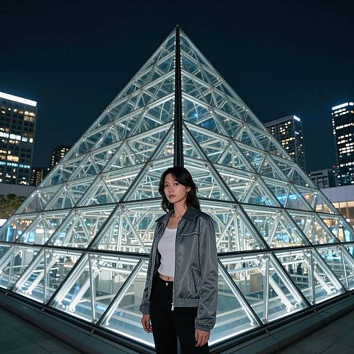 Photograph of a woman with black hair, wearing a gray jacket over a white top, standing in front of a brightly lit, geometric glass pyramid at