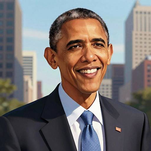 Photograph of smiling Barack Obama in a dark suit, white shirt, and blue tie, standing against a blurred urban skyline.