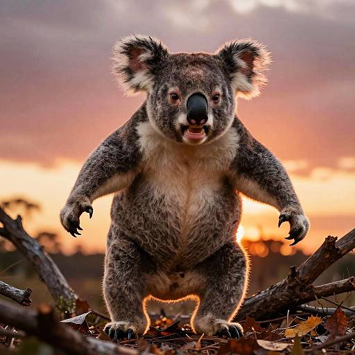 Photograph of a fluffy, gray koala with large ears and a black nose standing on forest floor at sunset, surrounded by broken branches and leaves.