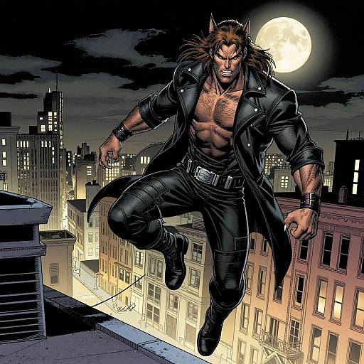 Comic-style illustration of a muscular werewolf in a black coat and pants, leaping from a rooftop under a full moon, with a cityscape of
