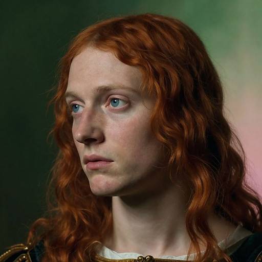 Photograph of a pale-skinned, red-haired woman with wavy hair, blue eyes, and freckles, wearing a white blouse, g