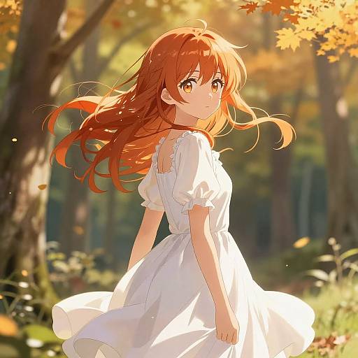 Anime-style digital illustration of a red-haired girl in a white dress, looking back over her shoulder in a sunlit forest.