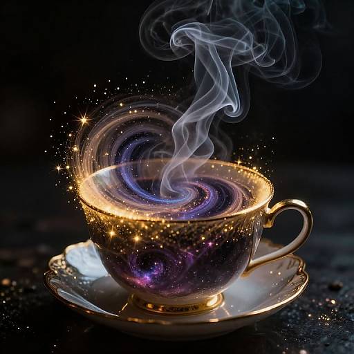Photograph of a golden teacup with galaxy patterns, glowing stars, and swirling blue steam, set on a shiny white saucer against a dark