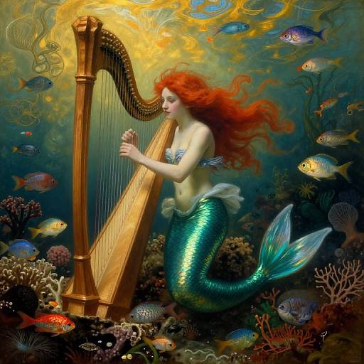 Digital fantasy artwork: A red-haired mermaid with green scales plays a golden harp underwater, surrounded by colorful fish and coral.