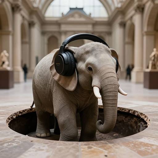 Photograph of a baby elephant with large black headphones, standing in a circular hole in a grand, arched museum hall.