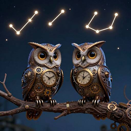 Photograph of two intricately designed, clock-faced owls perched on a branch against a dark, starlit night sky with constellation lines.