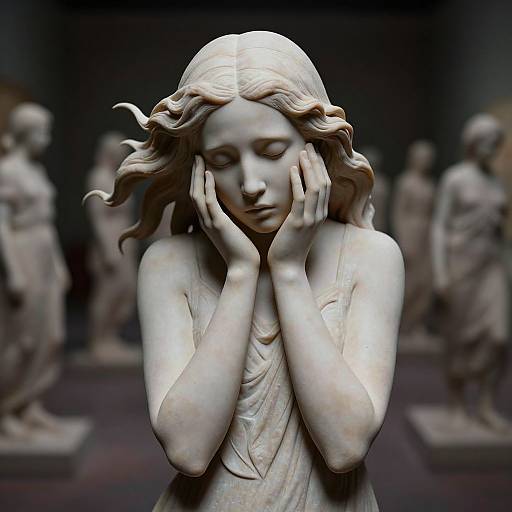 Photorealistic digital art of a sorrowful marble statue with wavy hair, hands on cheeks, surrounded by blurred classical sculptures in a dimly lit