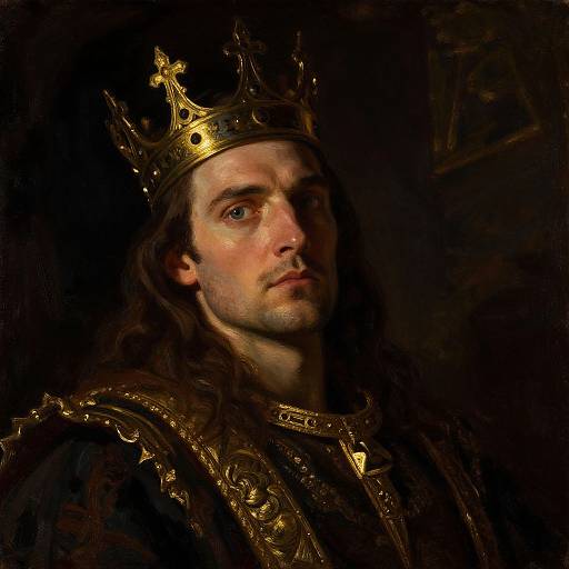 Photorealistic digital painting of a solemn, long-haired man in a golden crown and ornate black robe, illuminated against a dark background.
