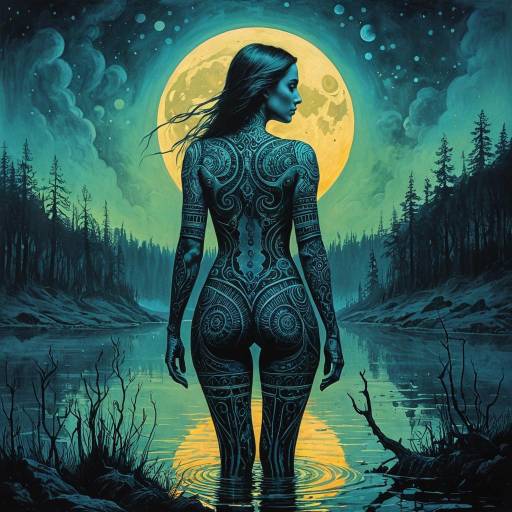 Tattooed Woman in Moonlit Misty Lake